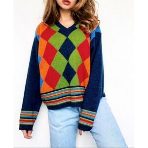 Vintage Liz Claiborne Argyle Sweater Wool Blend Colorblock Preppy 90s